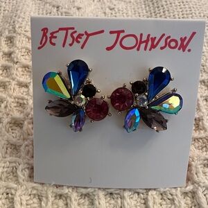 Betsey Johnson Blue Purple Pink Iridescent Crystal Cluster Stud Earrings